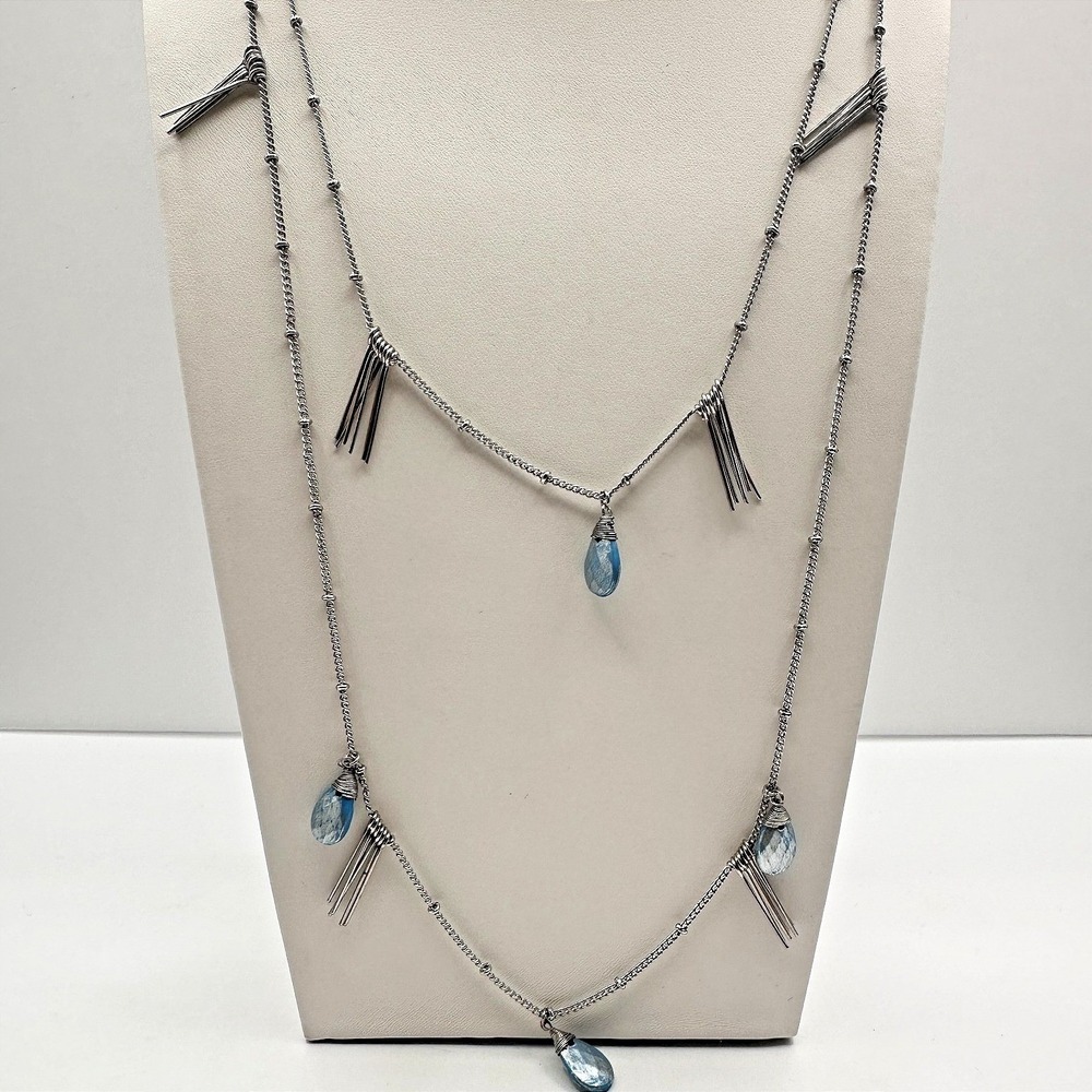 Vintage 90s Silver Tone Blue Stone Fringe Double Strand Necklace Women's Jewelry